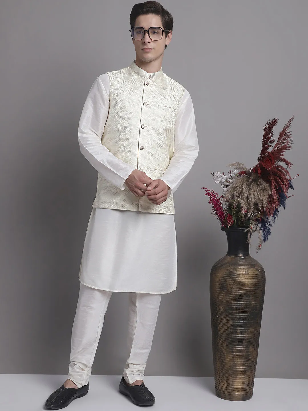 Men'S Cream Woven Design Nehru Jacket