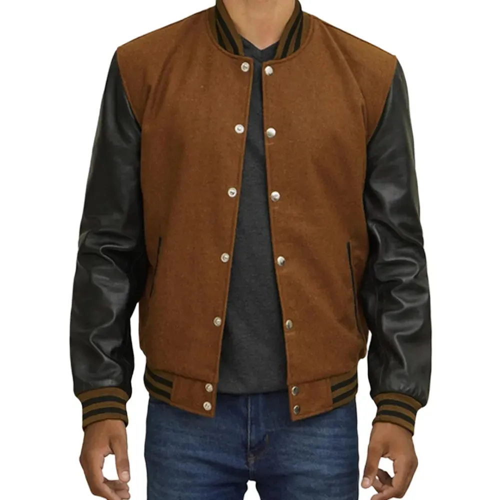 Mens Dark Brown Varsity Jacket With Black Leather Sleeves