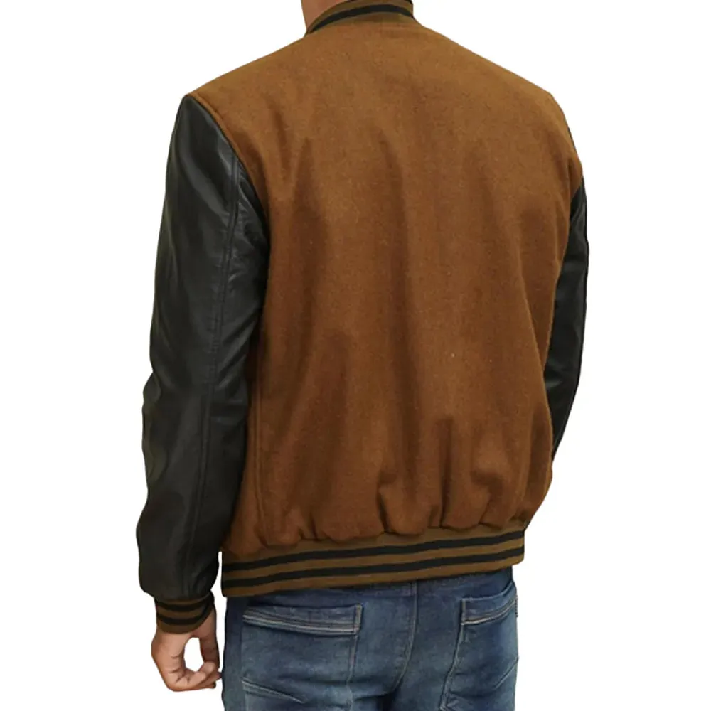 Mens Dark Brown Varsity Jacket With Black Leather Sleeves