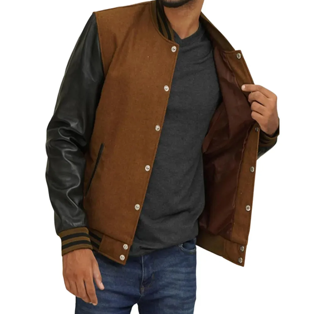 Mens Dark Brown Varsity Jacket With Black Leather Sleeves