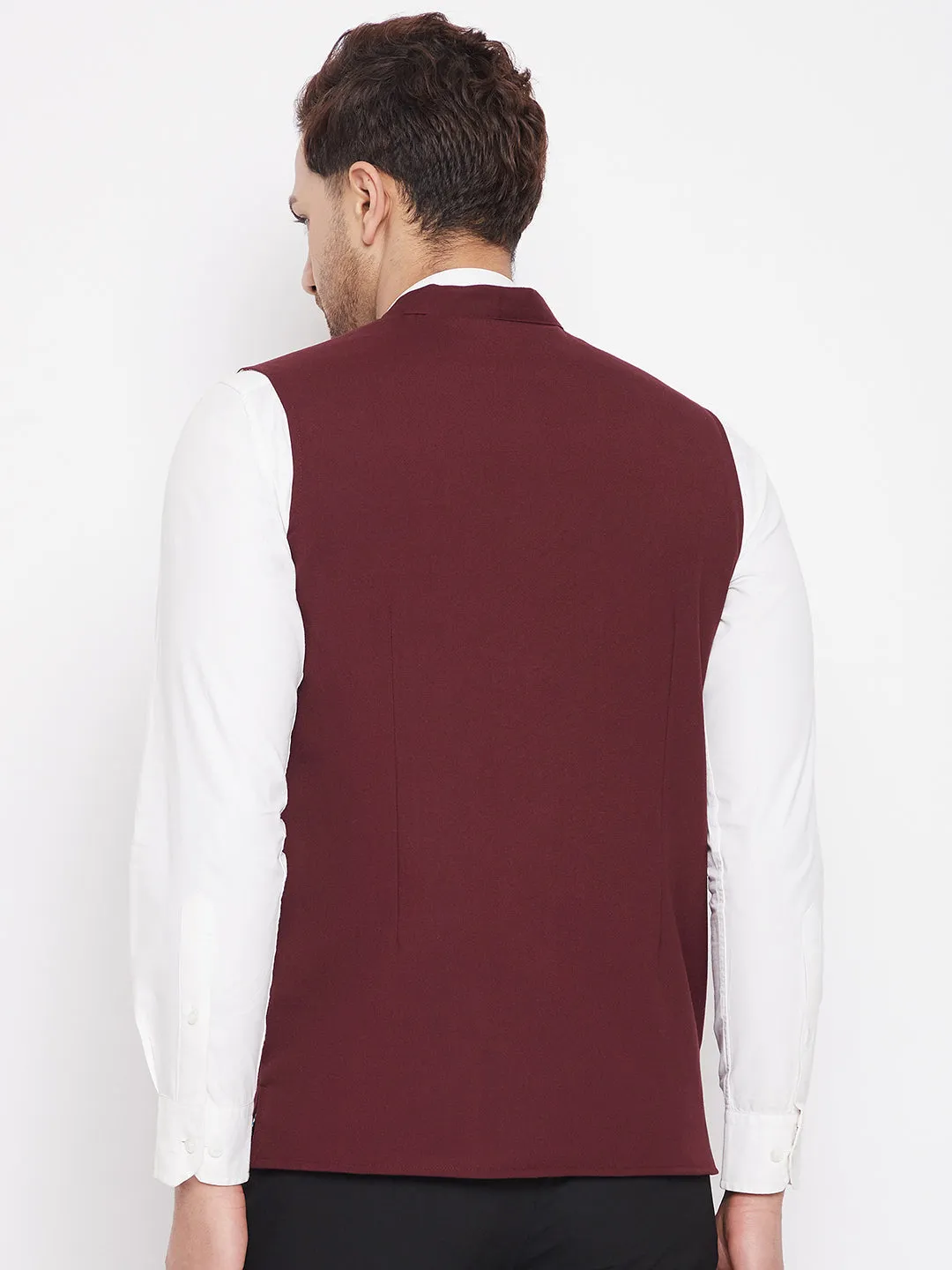 Men's Maroon Color Nehru Jacket-Contrast Lining-Inbuilt Pocket Square - Even Apparels