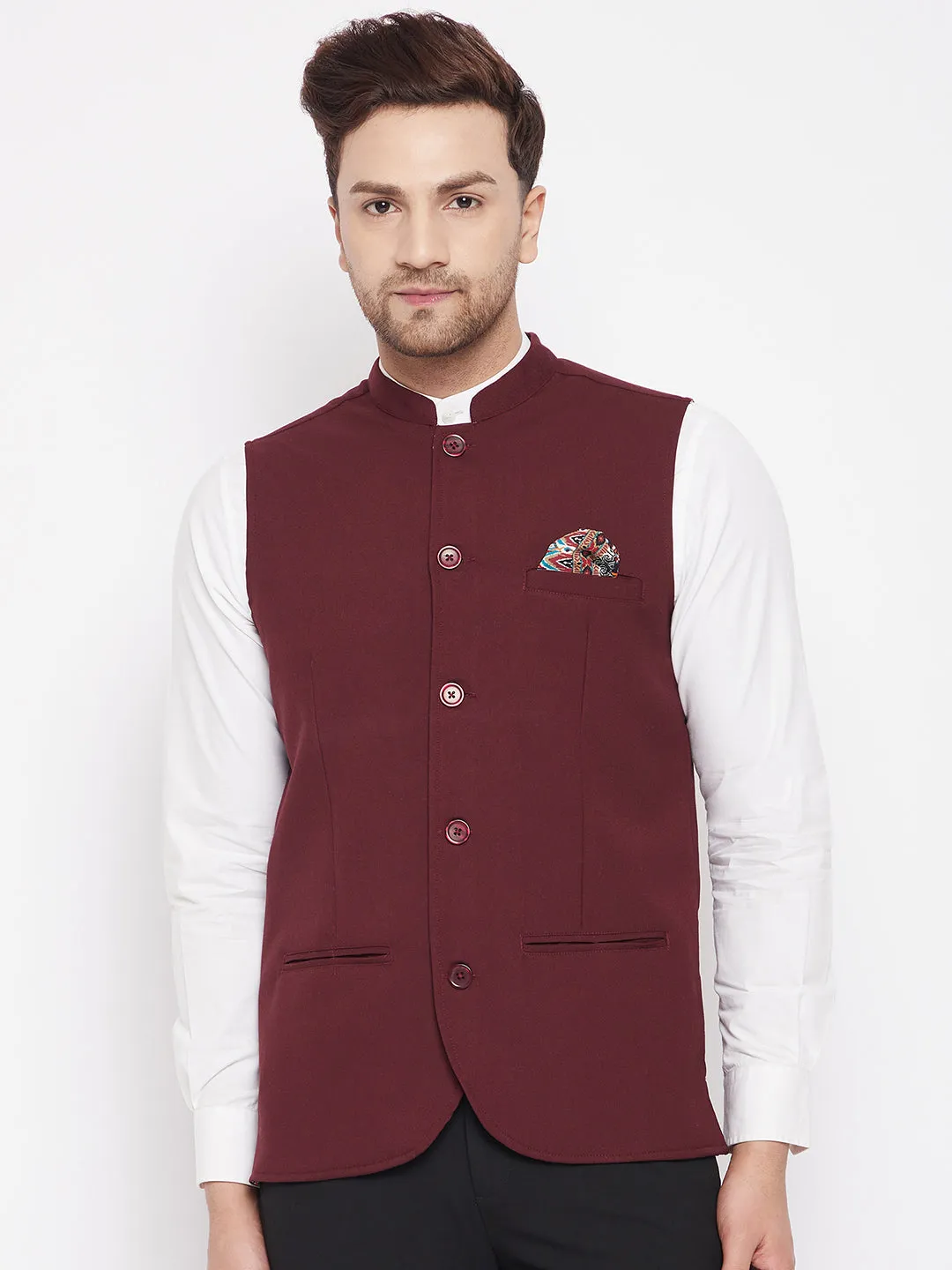 Men's Maroon Color Nehru Jacket-Contrast Lining-Inbuilt Pocket Square - Even Apparels