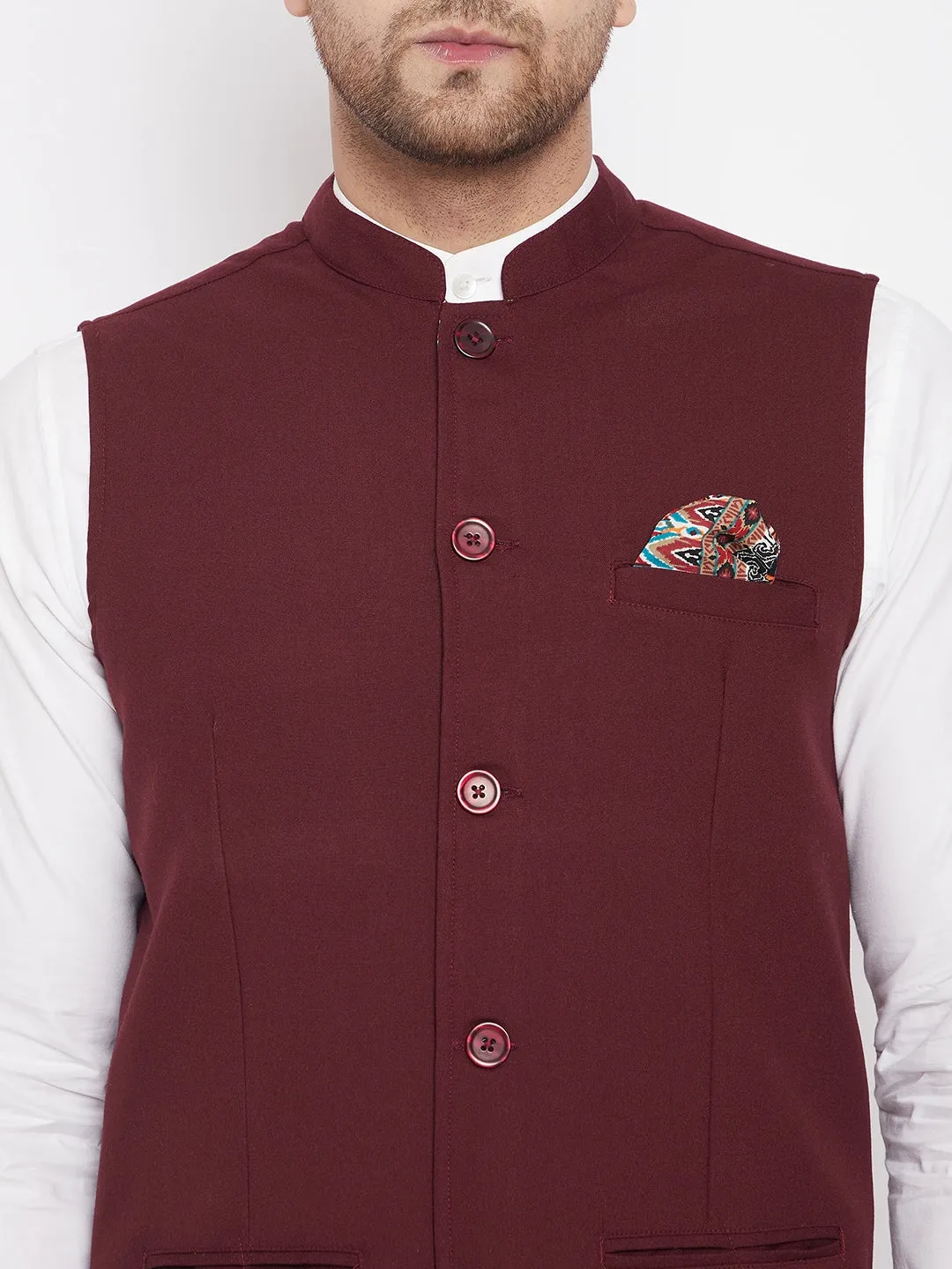 Men's Maroon Color Nehru Jacket-Contrast Lining-Inbuilt Pocket Square - Even Apparels