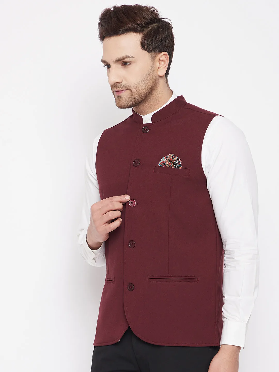 Men's Maroon Color Nehru Jacket-Contrast Lining-Inbuilt Pocket Square - Even Apparels