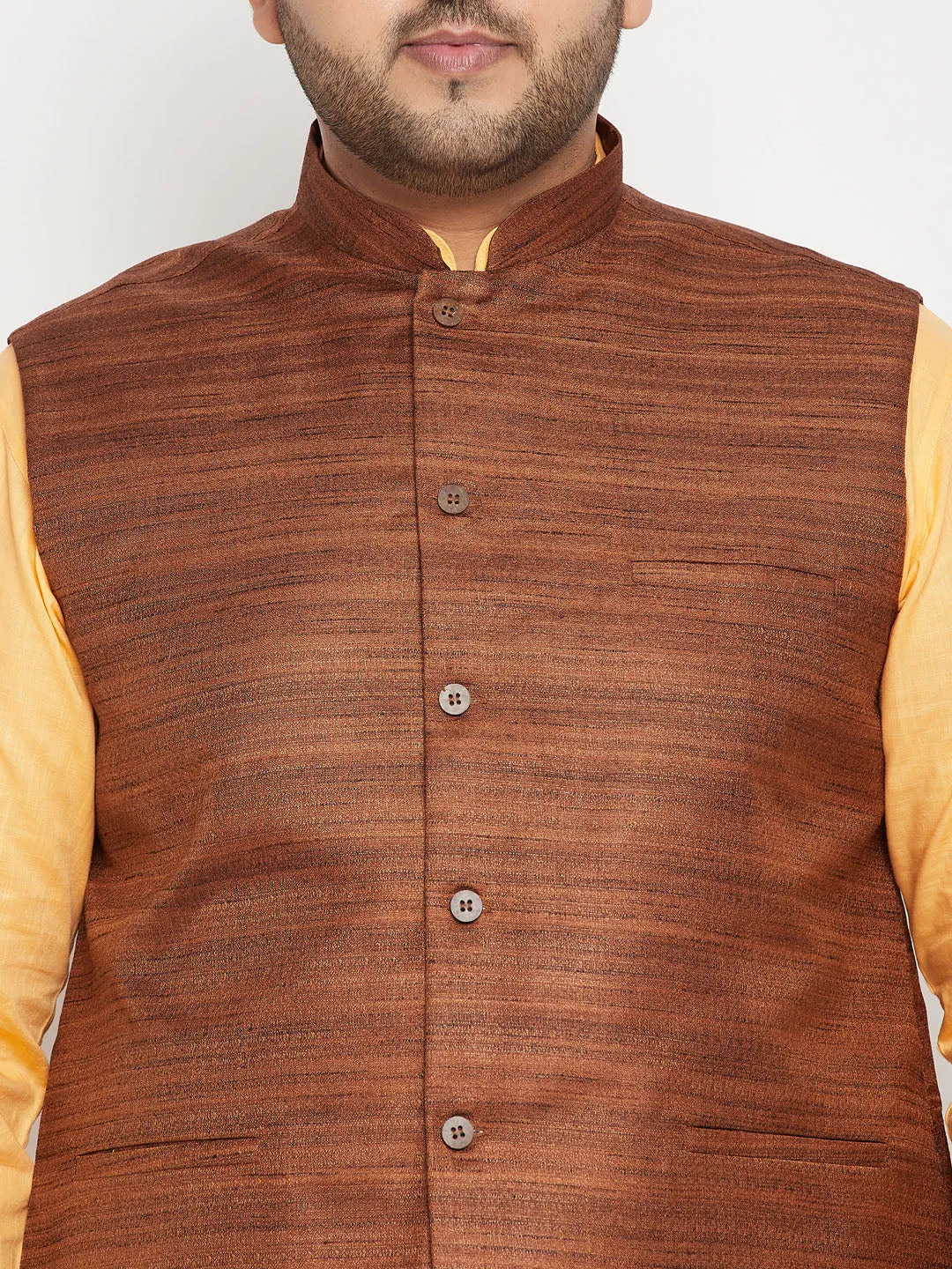 Men's Plus Fawn, Coffee Brown And White Cotton Blend Jacket Kurta Pyjama Set - Vastramay