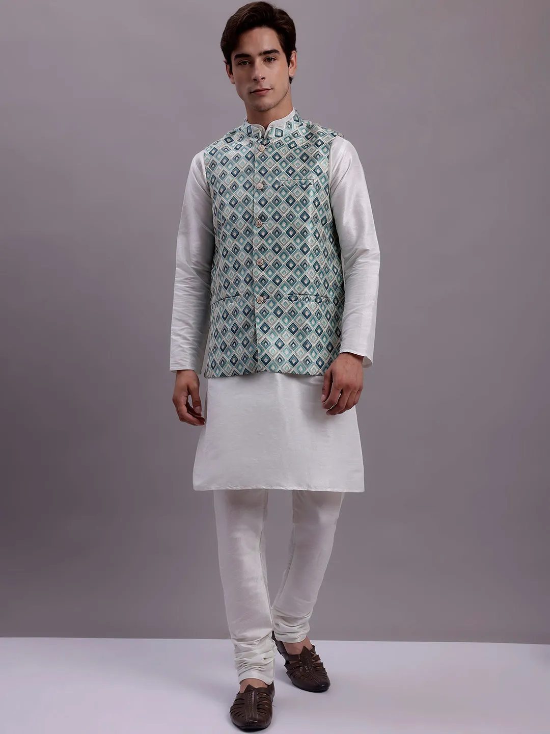 Men'S Turquoise Blue Woven Design Nehru Jacket With Solid Kurta Pyjama.