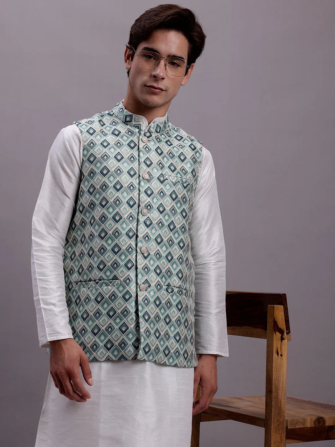 Men'S Turquoise Blue Woven Design Nehru Jacket With Solid Kurta Pyjama.