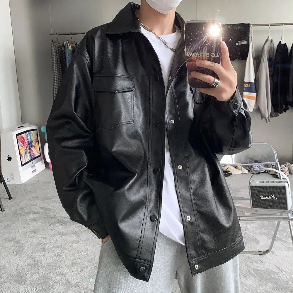 Men's Washed Leather Jackets 2023 Spring Turn Down Collar Vintage Loose Coats Gothic HIgh Street Male Outerwear