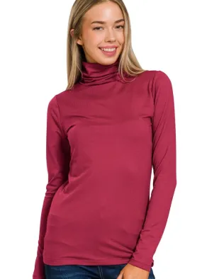 Microfiber Mock Neck Top in Cabernet by Zenana