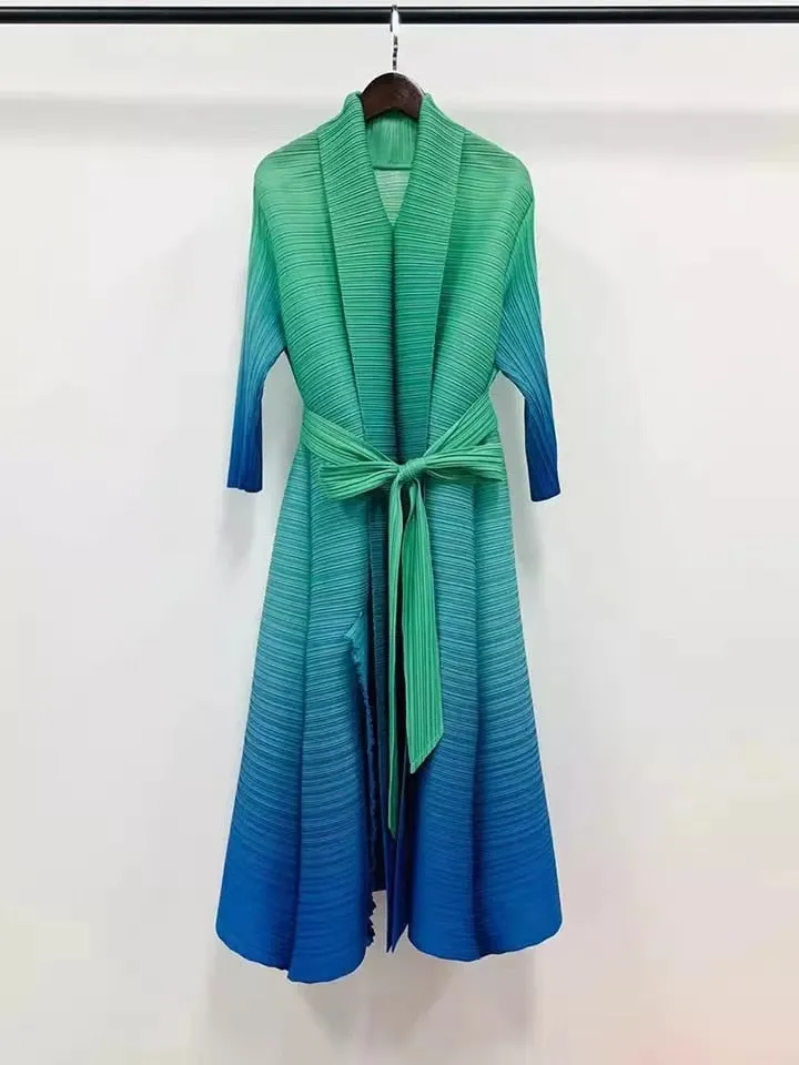 Miyake Pleated Gradient V-Neck Belt Midi Dress