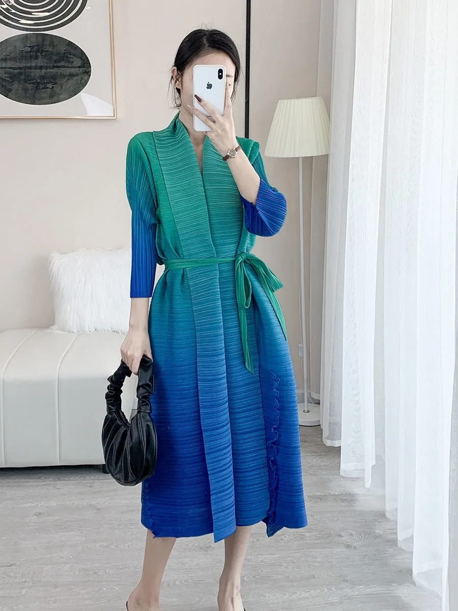 Miyake Pleated Gradient V-Neck Belt Midi Dress