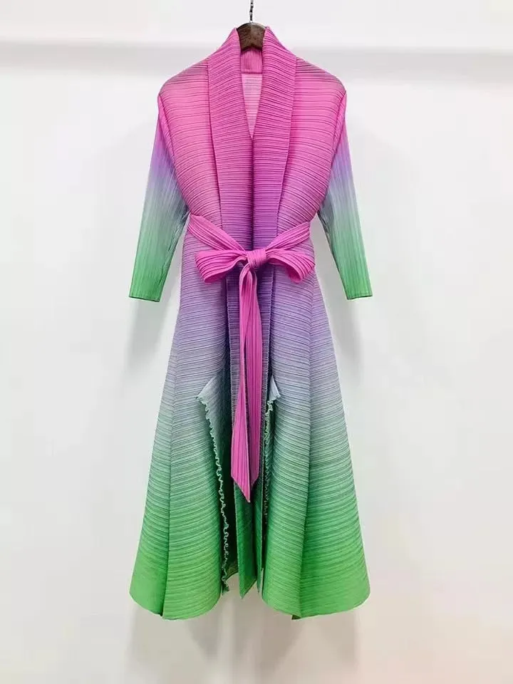 Miyake Pleated Gradient V-Neck Belt Midi Dress