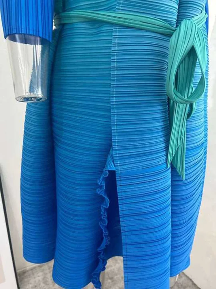 Miyake Pleated Gradient V-Neck Belt Midi Dress