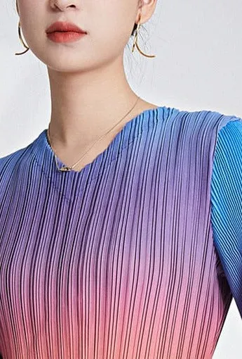 Miyake Pleated Gradient V-Neck Midi Dress