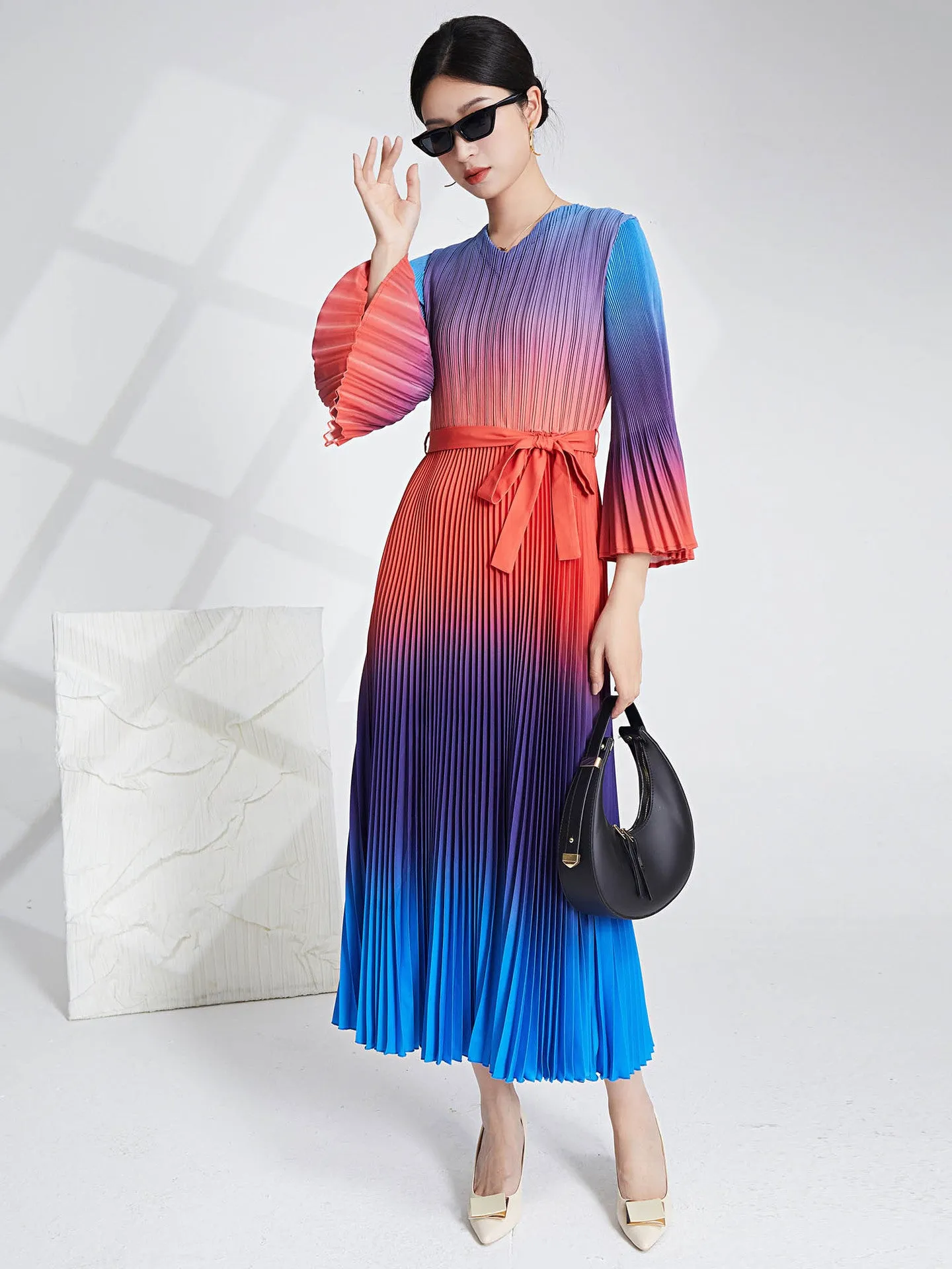 Miyake Pleated Gradient V-Neck Midi Dress