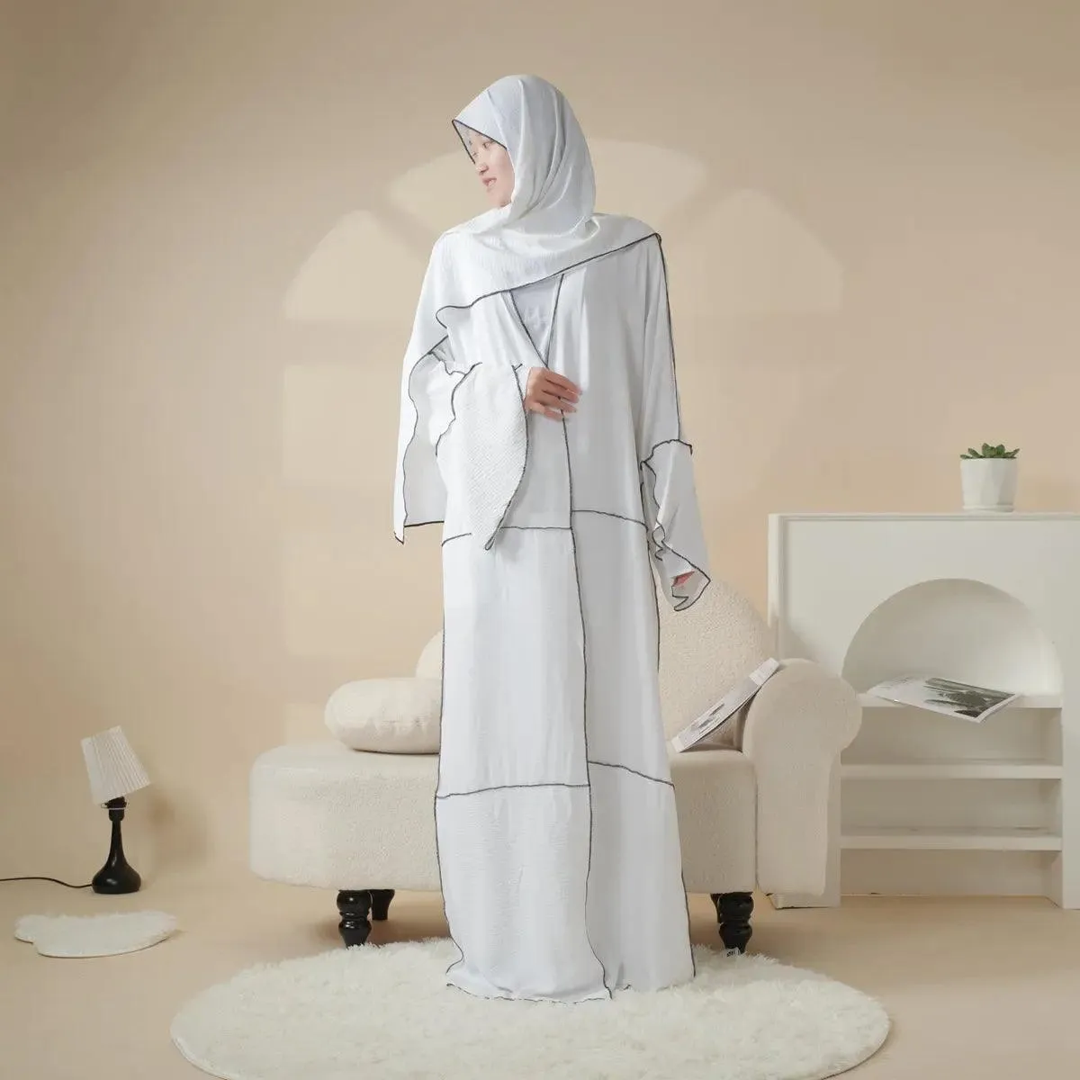 MOA030 Crepe Splicing Open Abaya with Hijab 4-piece Set