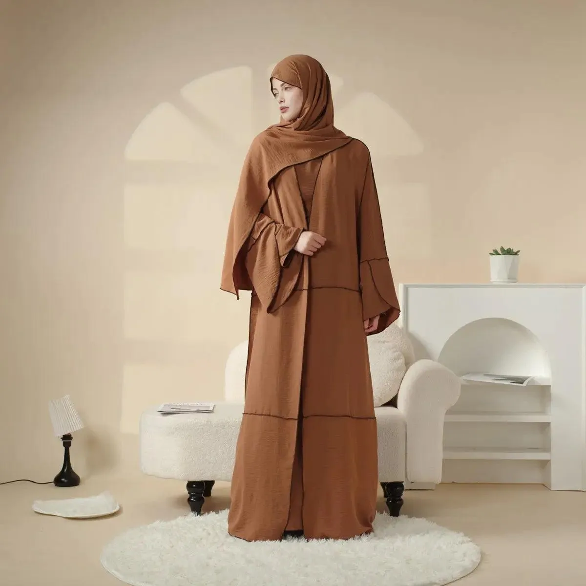 MOA030 Crepe Splicing Open Abaya with Hijab 4-piece Set