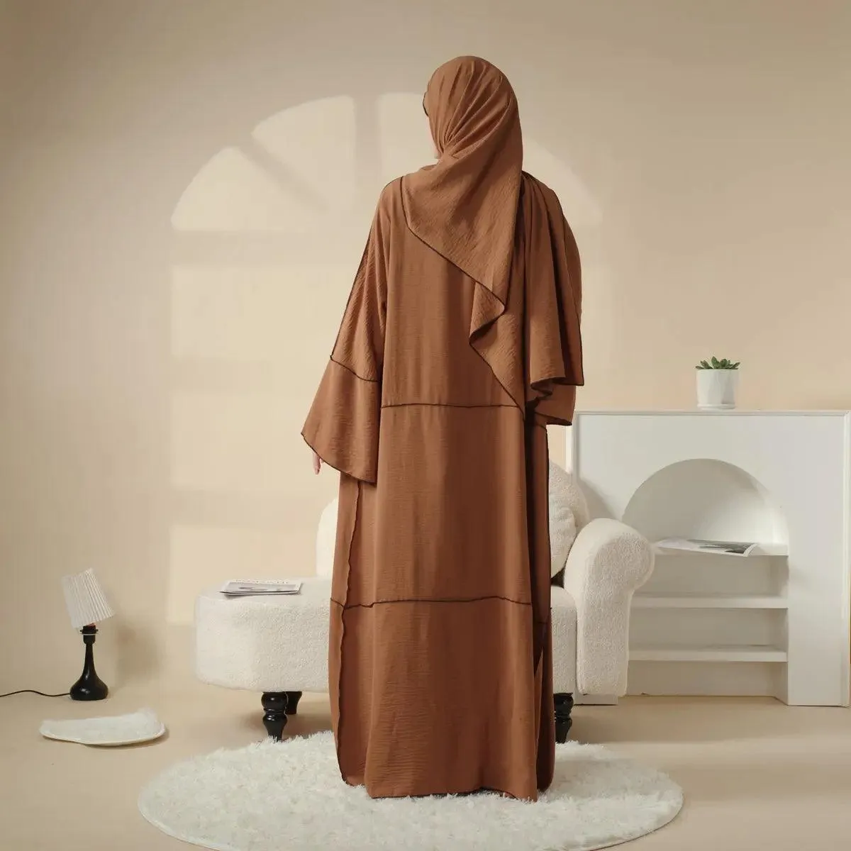 MOA030 Crepe Splicing Open Abaya with Hijab 4-piece Set