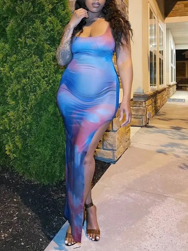 Momnfancy Chic Blue Thigh High Side Slits Tie Dye Gradient Color Bodycon Vacation Babyshower Maternity Maxi Dress