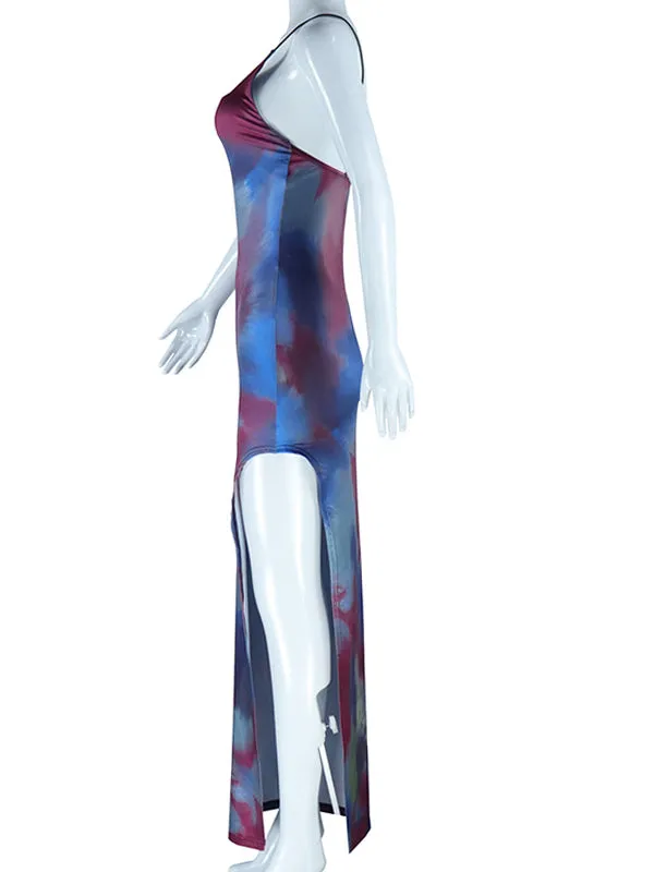 Momnfancy Chic Blue Thigh High Side Slits Tie Dye Gradient Color Bodycon Vacation Babyshower Maternity Maxi Dress