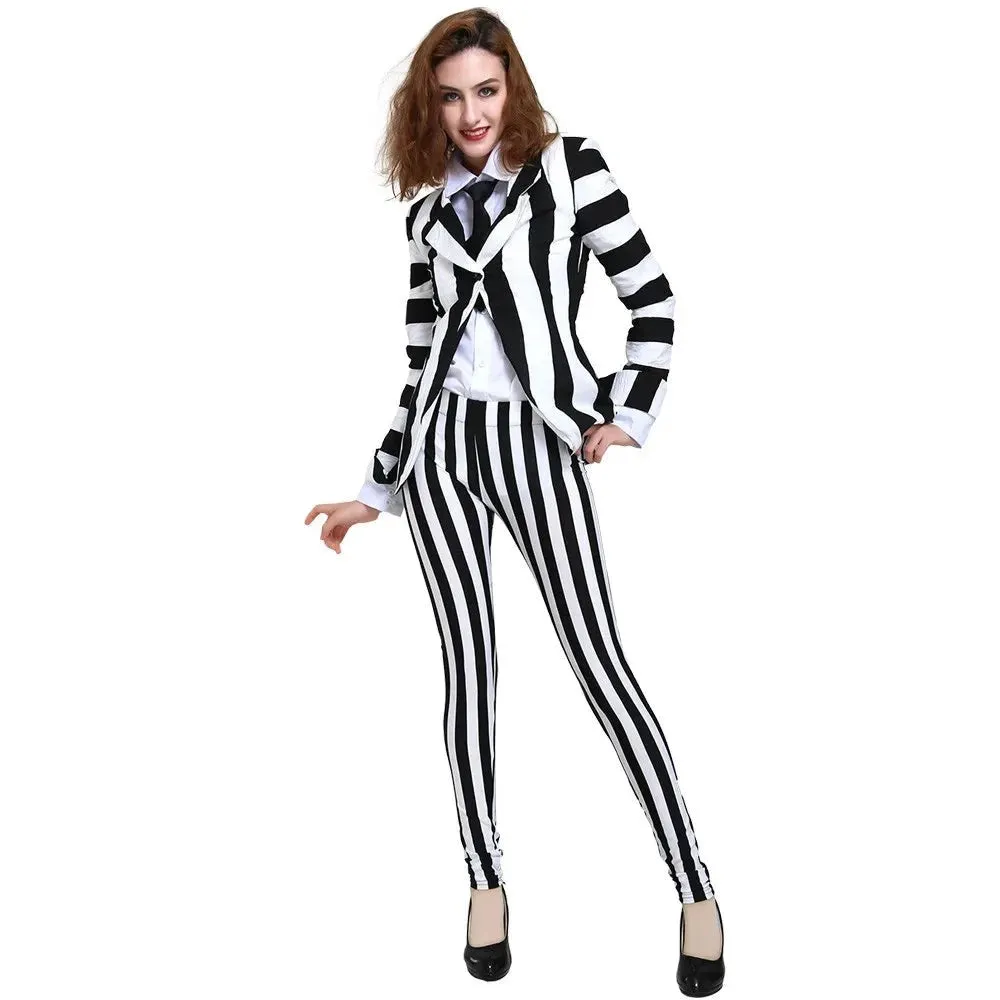 Ms Beetlejuice Black and White Vertical Stripes Suit Costume with Tie