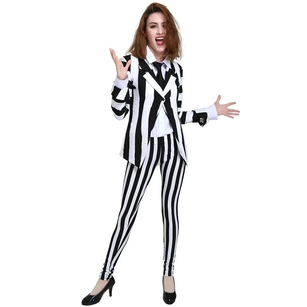 Ms Beetlejuice Black and White Vertical Stripes Suit Costume with Tie