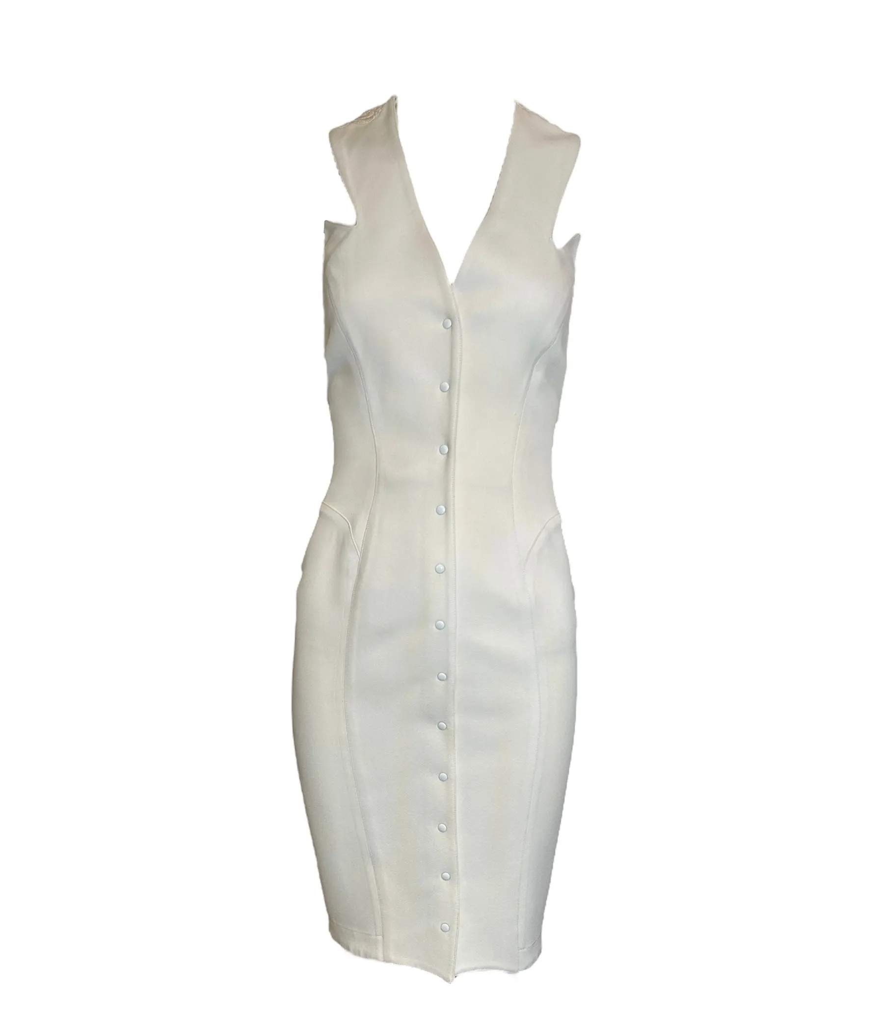 Mugler 80s White Crepe Dress with Snap Front and Peekaboo Back