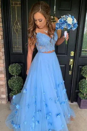 Off Shoulder 2 Pieces Light Blue Lace Long Prom Dress, Off the Shoulder Light Blue Formal Dress, Light Blue Lace Evening Dress