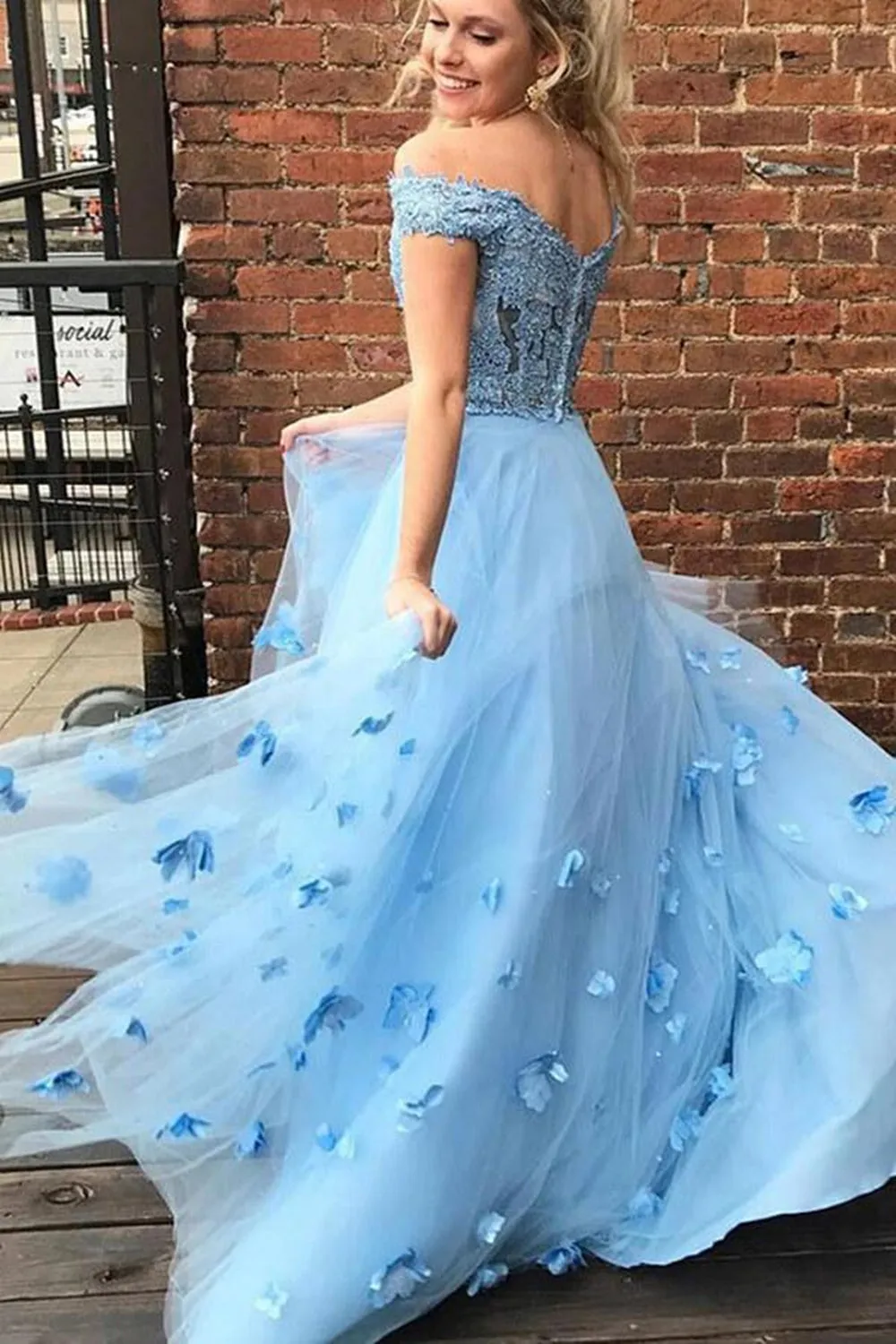 Off Shoulder 2 Pieces Light Blue Lace Long Prom Dress, Off the Shoulder Light Blue Formal Dress, Light Blue Lace Evening Dress