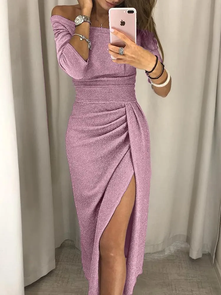 Off Shoulder Side Slit Bust Darts Plain Bodycon Dresses