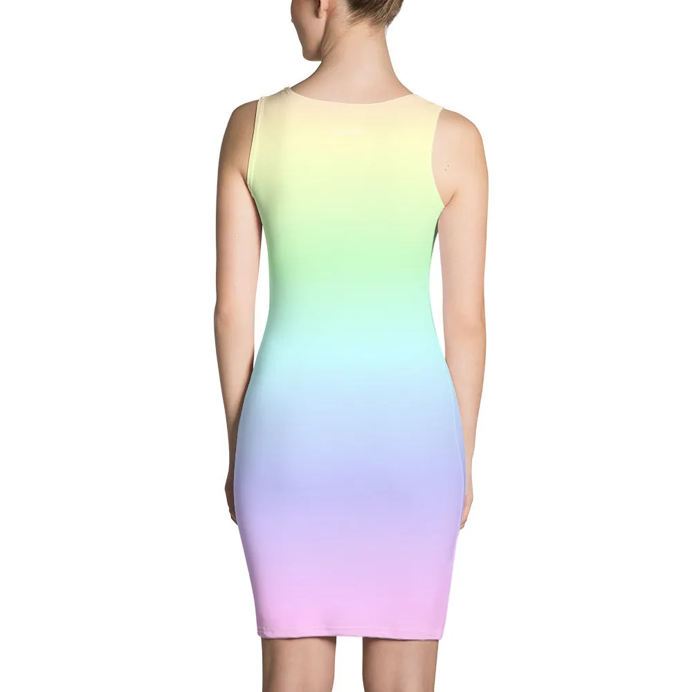 Pastel Rainbow Dress Women, Bodycon Tie Dye Ombre Pencil Fitted Homecoming Prom Pink Gradient Colorful Design Party