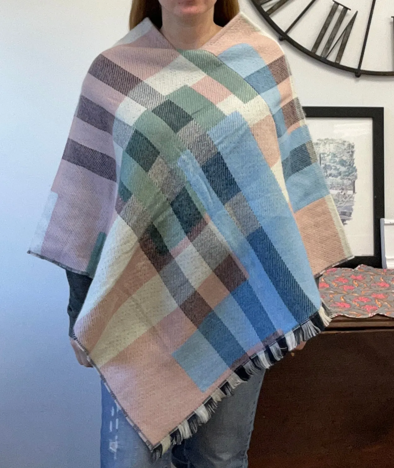 Pink & Navy Plaid Triangle Light Weight Poncho