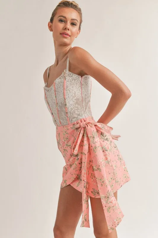 Pink Floral Print Croset Wrap Mini Dress