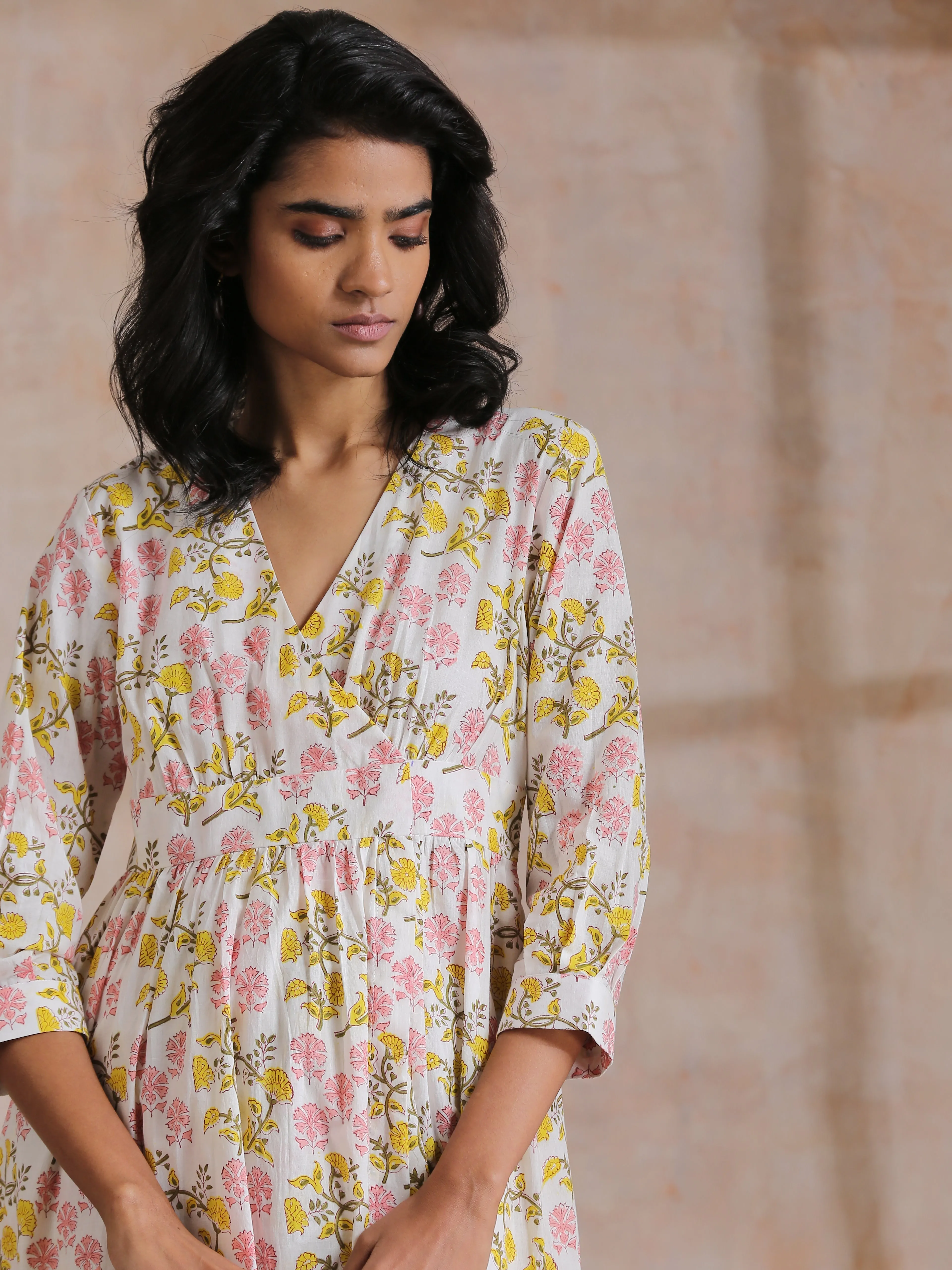 Pink Yellow Floral On White Block Print Cotton Wrap Dress