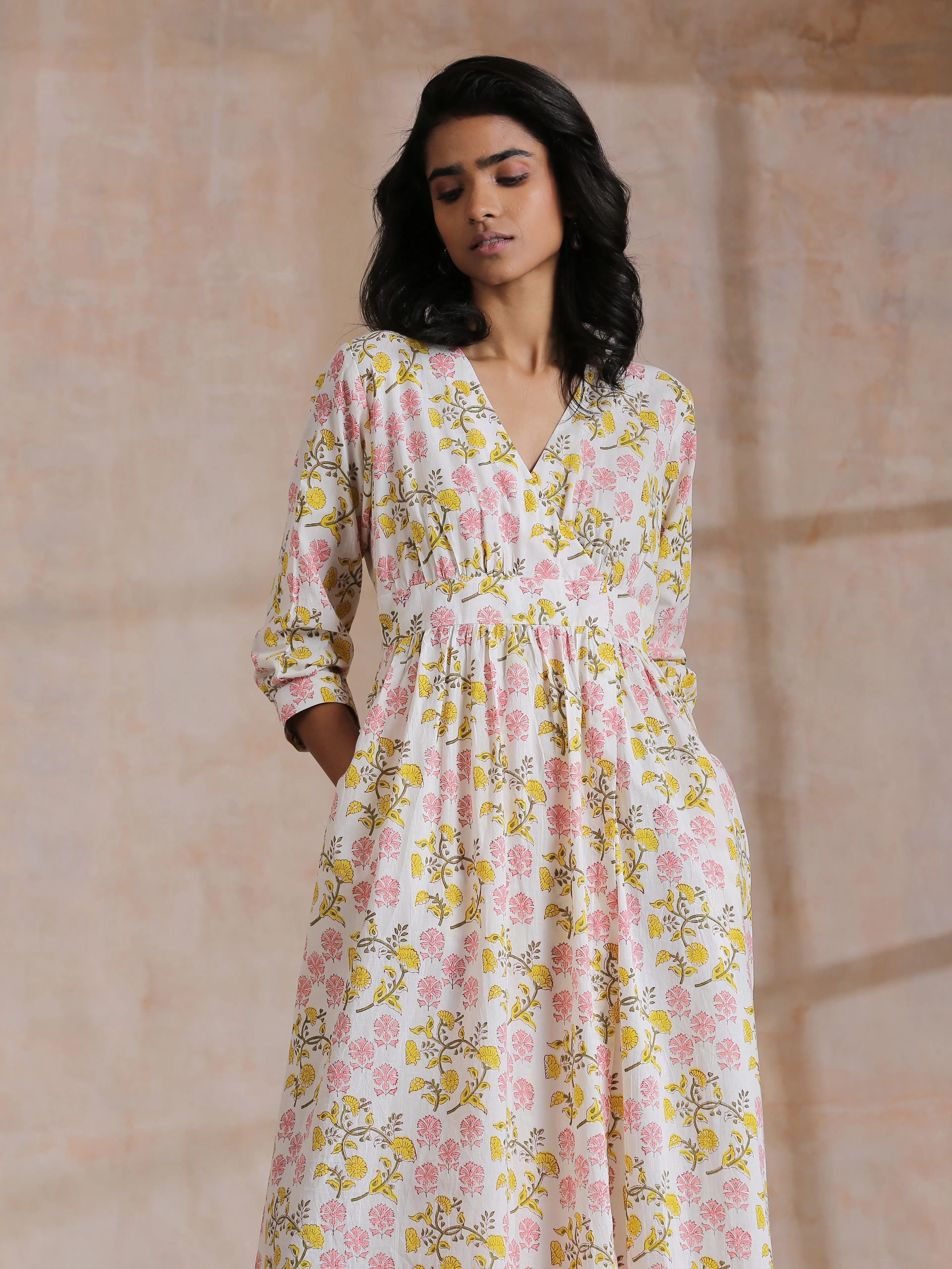 Pink Yellow Floral On White Block Print Cotton Wrap Dress