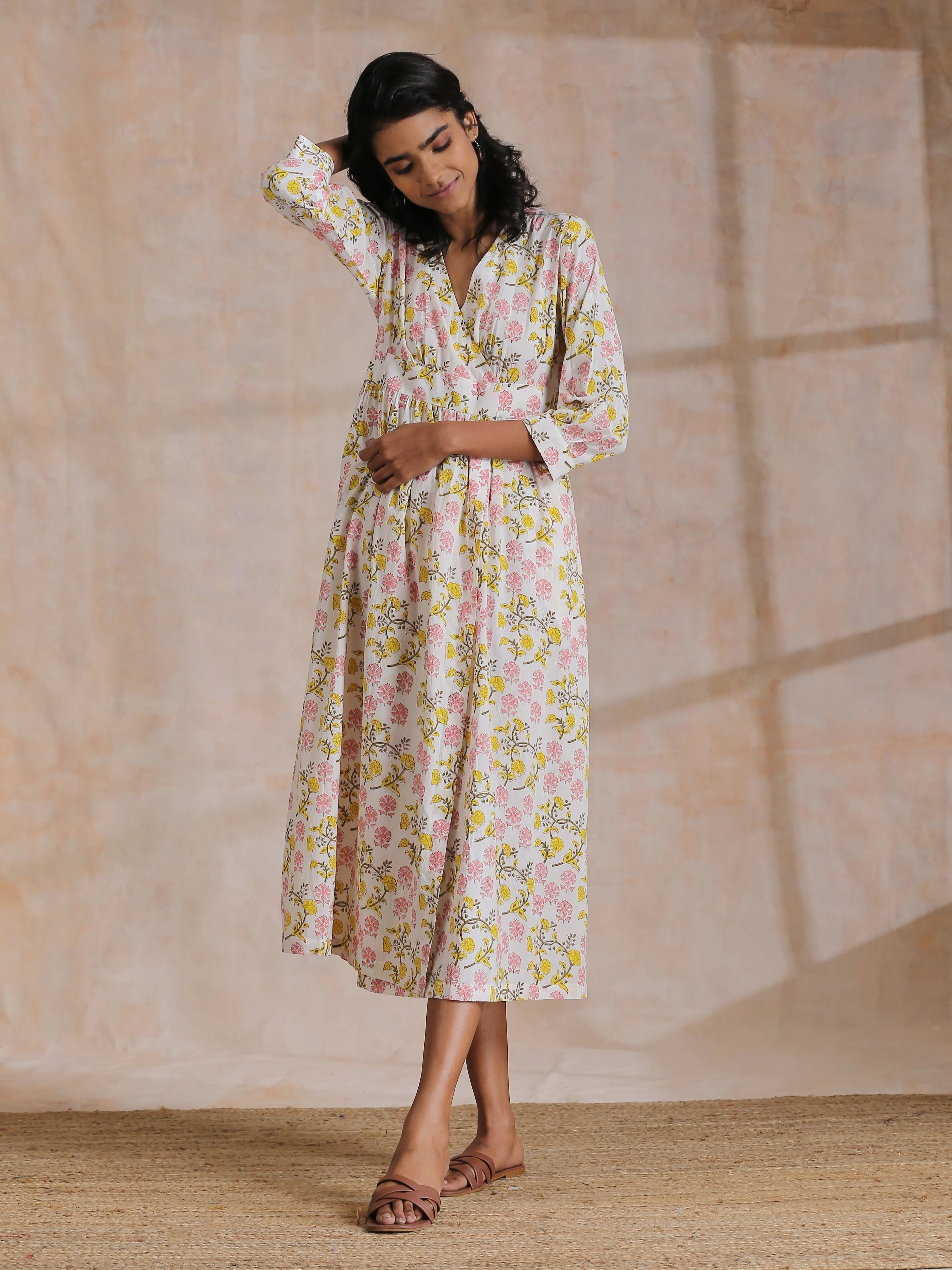 Pink Yellow Floral On White Block Print Cotton Wrap Dress