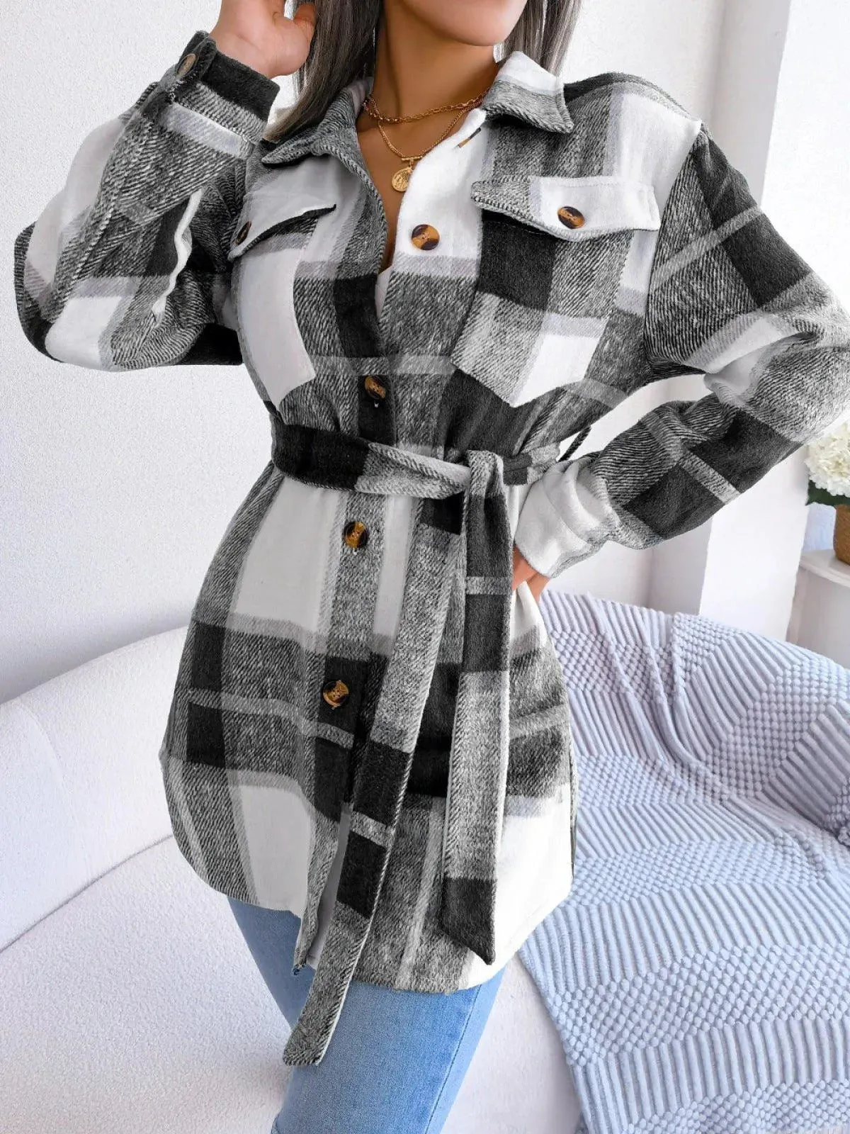 Plaid Button Down Ladies Coat with Belt