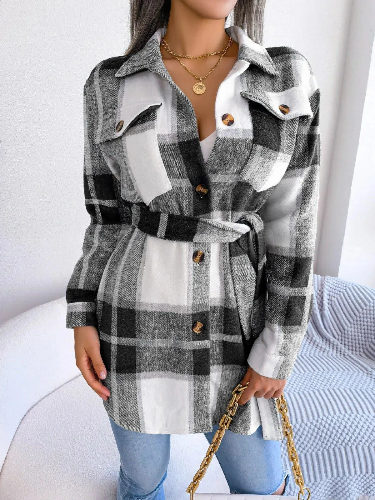 Plaid Button Down Ladies Coat with Belt