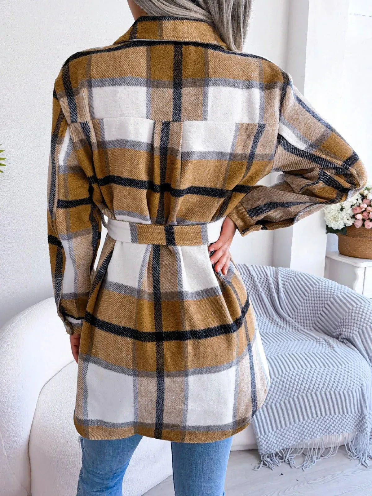 Plaid Button Down Ladies Coat with Belt