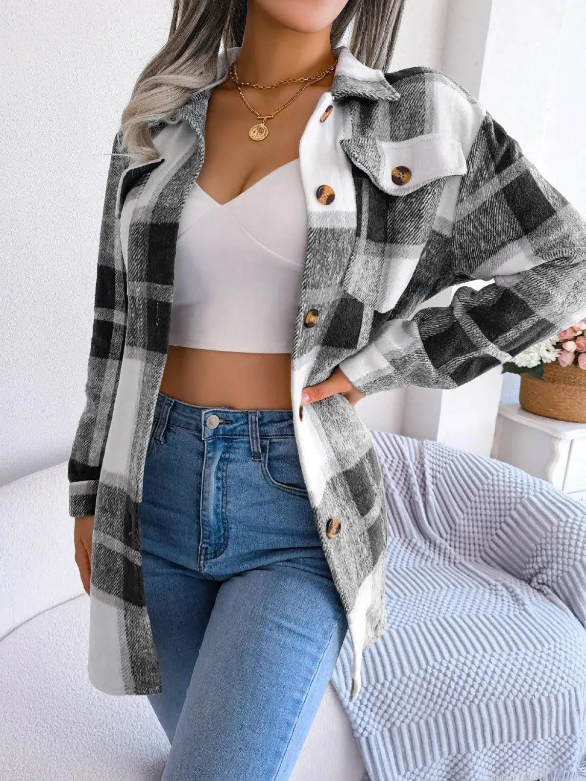 Plaid Button Down Ladies Coat with Belt