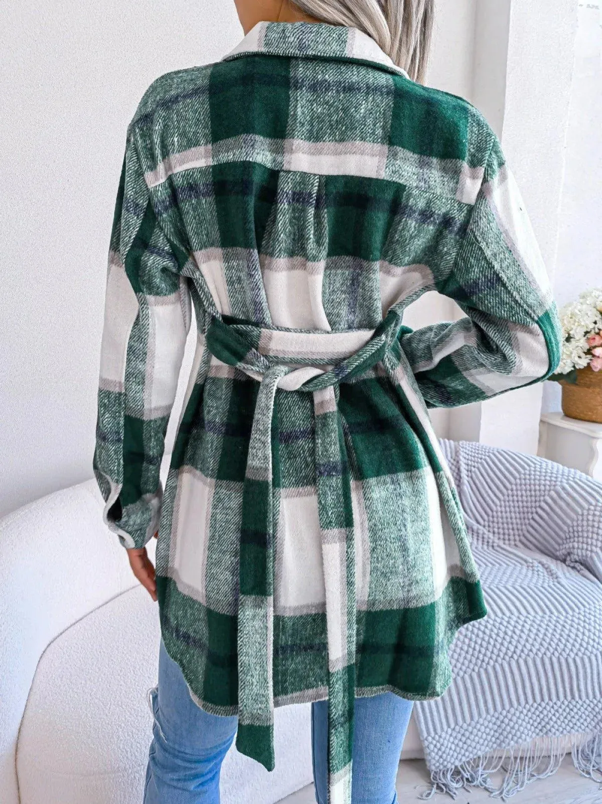 Plaid Button Down Ladies Coat with Belt