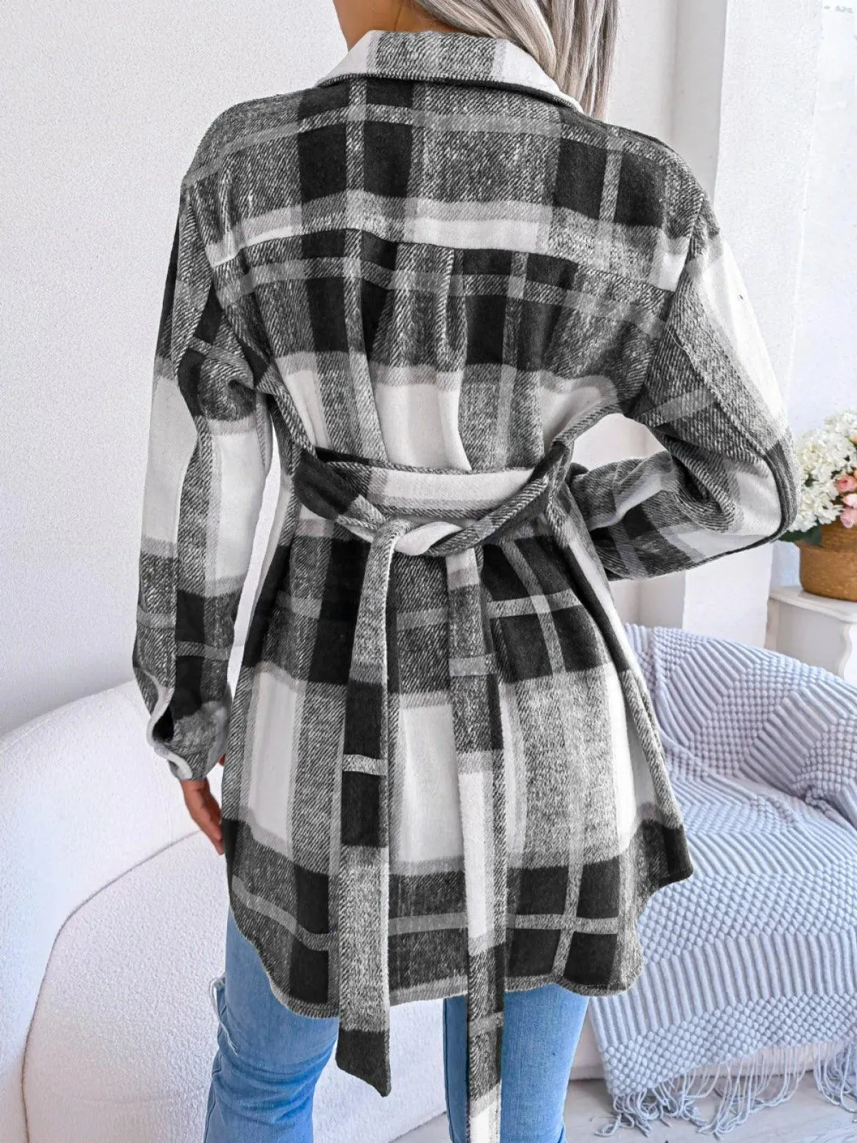 Plaid Button Down Ladies Coat with Belt