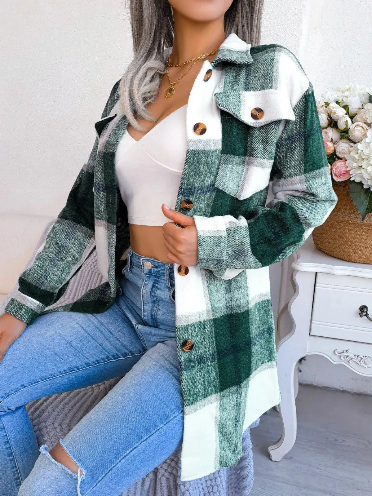 Plaid Button Down Ladies Coat with Belt