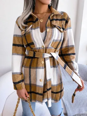 Plaid Button Down Ladies Coat with Belt