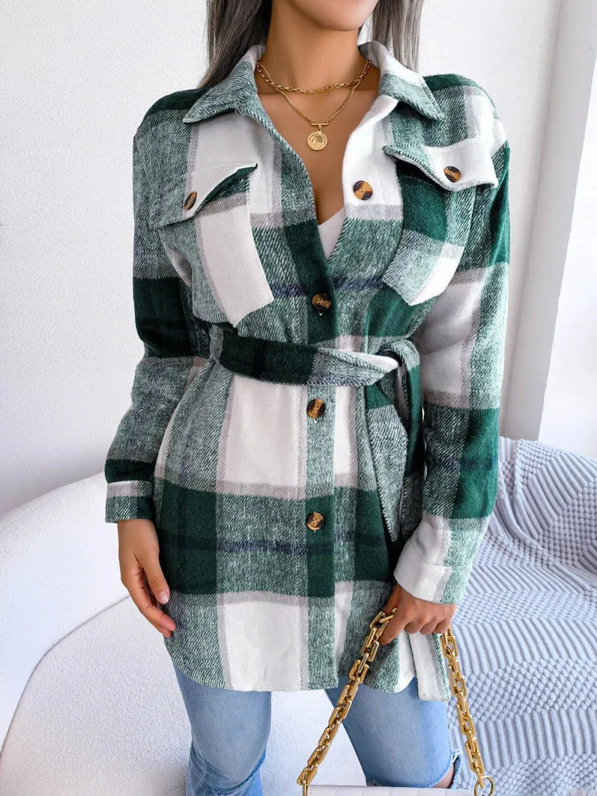 Plaid Button Down Ladies Coat with Belt