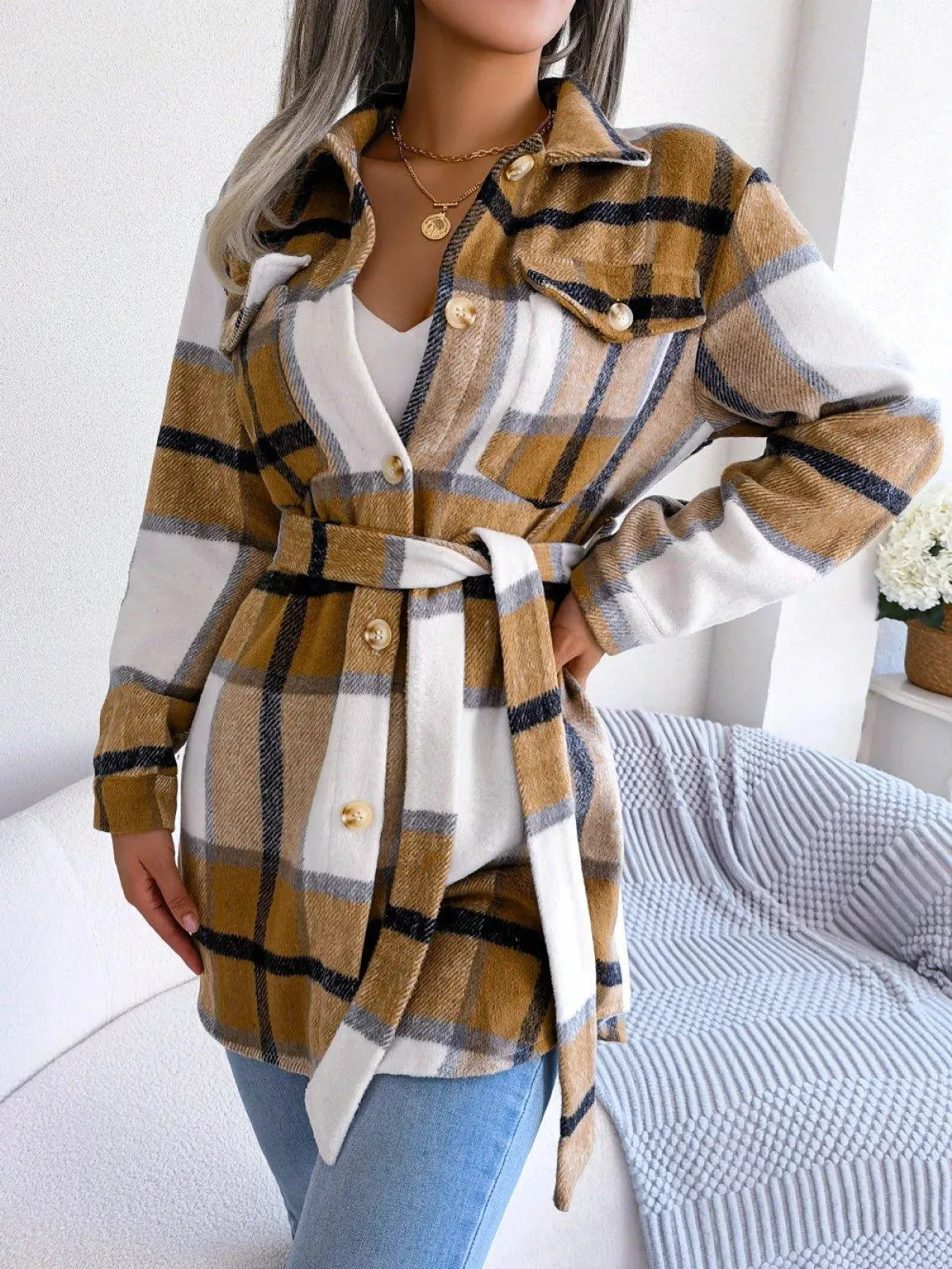 Plaid Button Down Ladies Coat with Belt