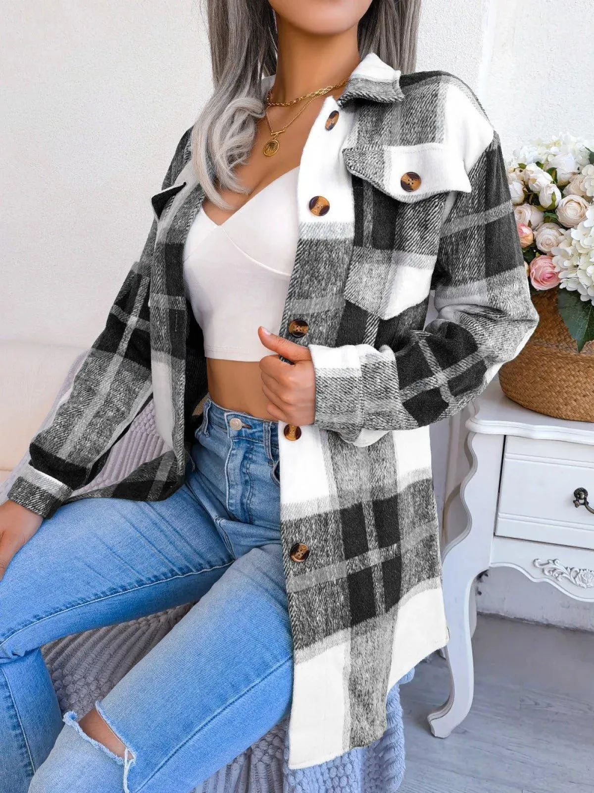 Plaid Button Down Ladies Coat with Belt