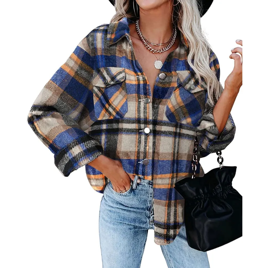 Plaid Print Flap Pocket Woolen Shirt Jacket