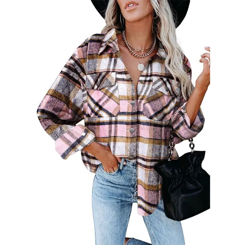 Plaid Print Flap Pocket Woolen Shirt Jacket