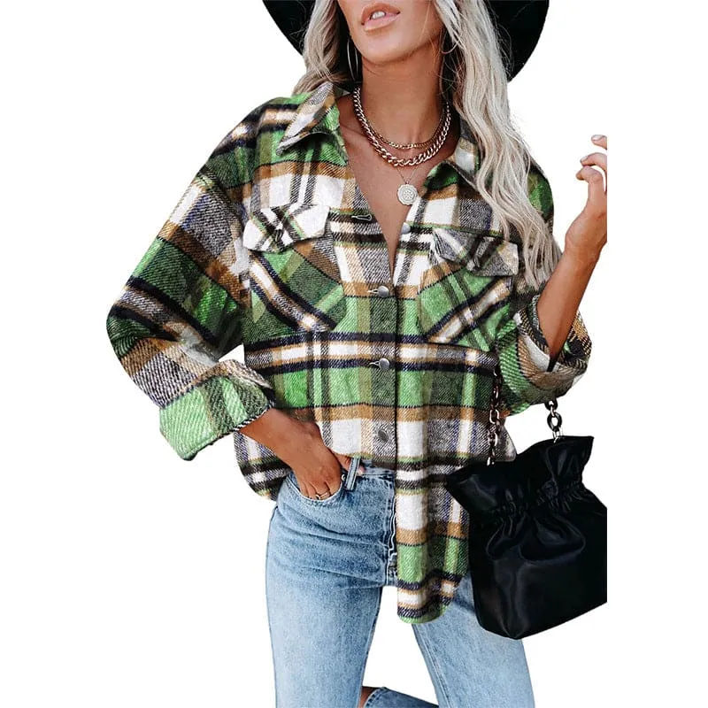 Plaid Print Flap Pocket Woolen Shirt Jacket